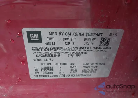 2019 Buick Encore Fwd Preferred z USA, uszkodzony, nr VIN KL4CJASB5KB881407